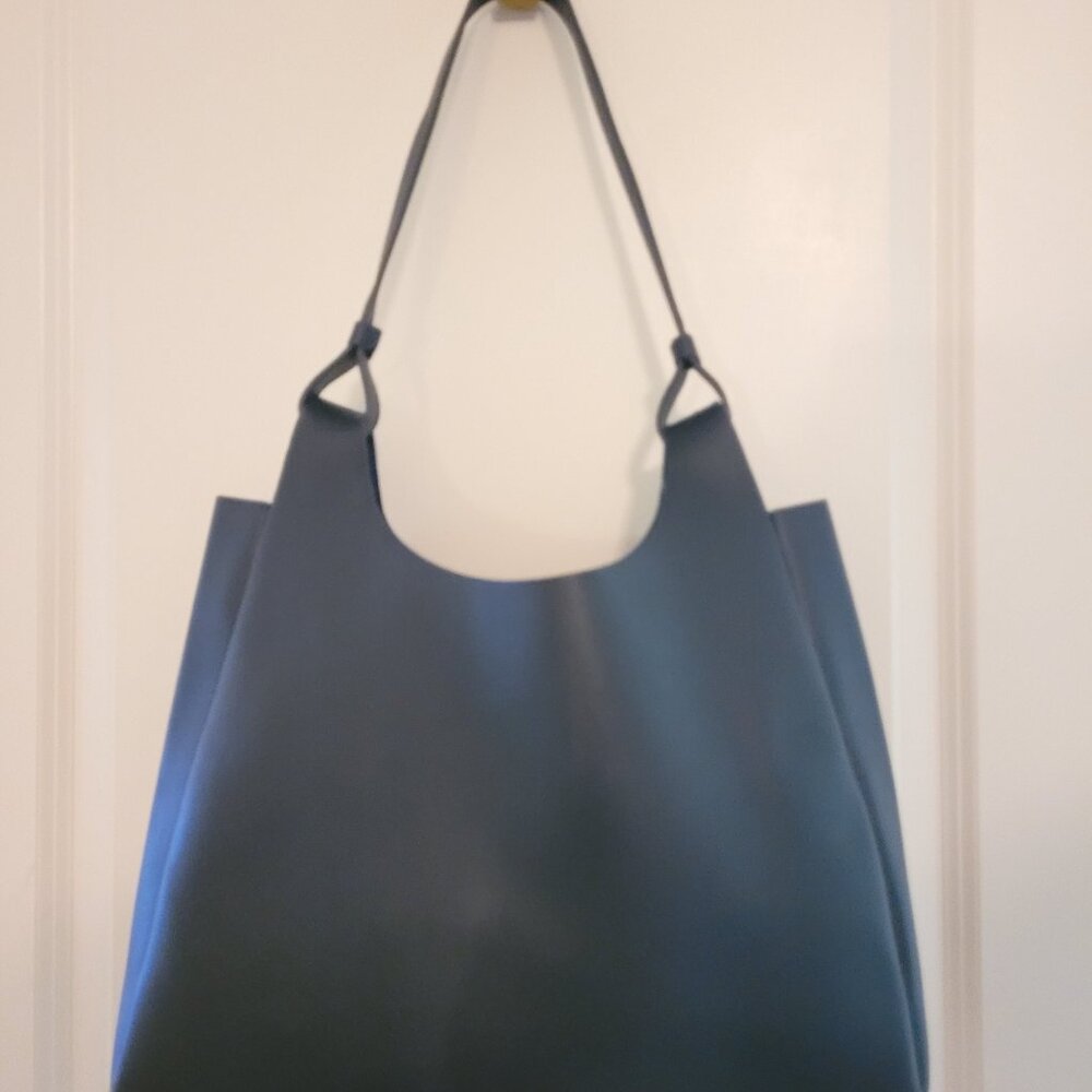 Neiman Marcus Vegan Leather Tote Shoulder Bag Navy Blue Hobo Shopper Purse.